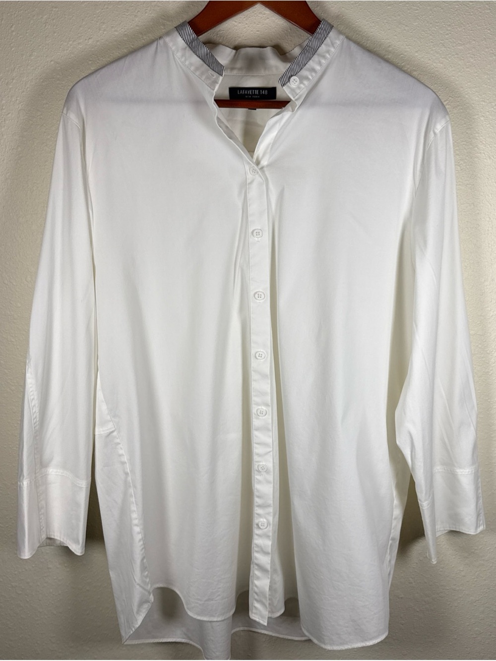 Lafayette 148 White Button Up Tunic Top Collarless Classic Minimalist L